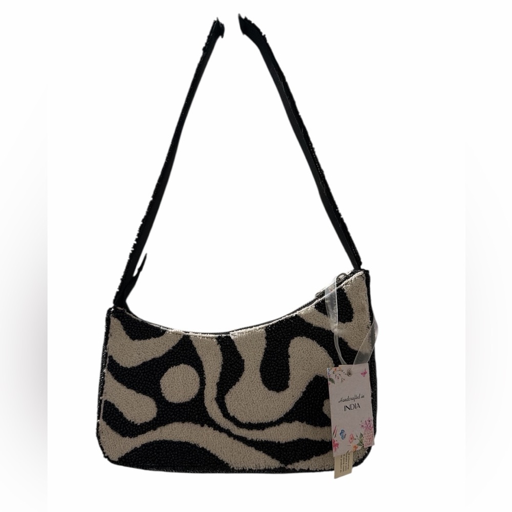 Handcrafted In India Elegant Black and Cream Beaded Shoulder Bag